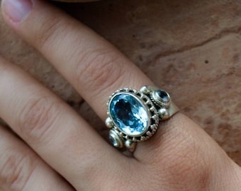 Silver Ring with Blue Topaz, Silver Blue Stone Ring, Gemstone Ring, Gift for Women, Silver and Gemstone Jewelry, Bhutan Ring