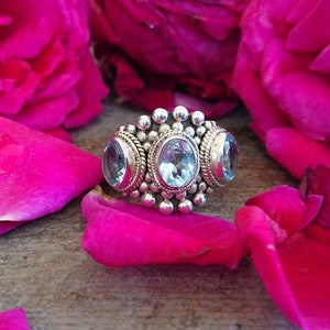 Può includere: Un anello d'argento con tre pietre preziose di topazio blu incastonate in una fascia perlata. L'anello è circondato da petali di rosa rosa.