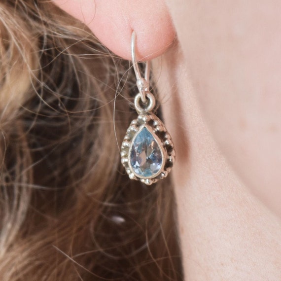 Boucles D'oreilles Artisanales Argent 925 Topaze Bleue London - Fait Main En Inde