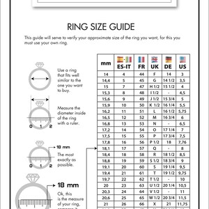 May include: Ring size guide chart with illustrations of how to measure a ring. The chart shows ring sizes in millimeters, US, UK, French, German, and Spanish/Italian sizes.