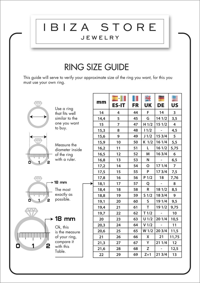 May include: Ring size guide chart with illustrations of how to measure a ring. The chart shows ring sizes in millimeters, US, UK, French, German, and Spanish/Italian sizes.