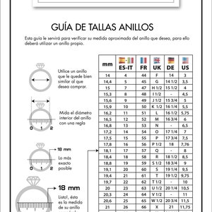 Puede incluir: Un gr&aacute;fico que muestra los tama&ntilde;os de los anillos en mil&iacute;metros, tama&ntilde;os de EE. UU., Reino Unido, Francia, Alemania, Italia y Espa&ntilde;a. El gr&aacute;fico incluye un diagrama que muestra c&oacute;mo medir el tama&ntilde;o de su anillo con una regla.