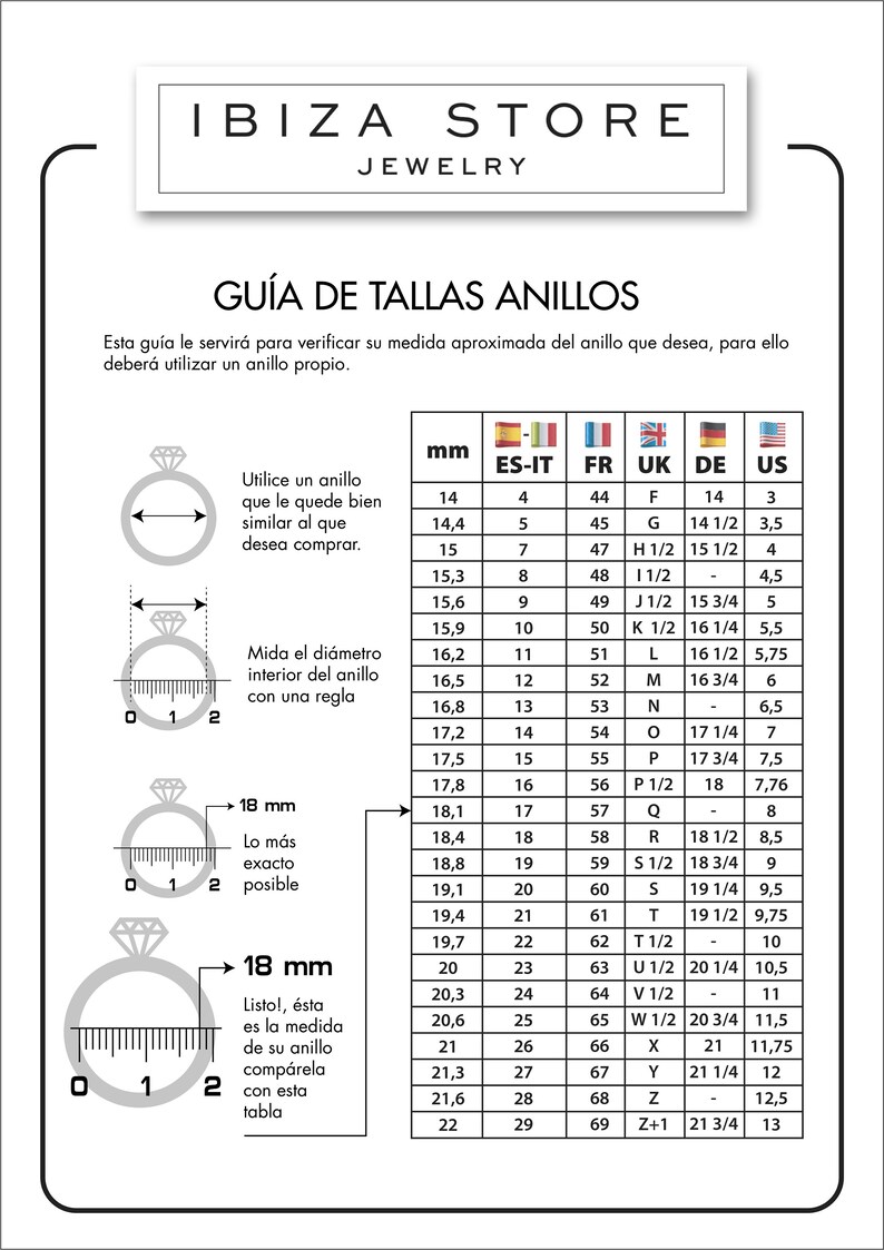 Puede incluir: Un gr&aacute;fico que muestra los tama&ntilde;os de los anillos en mil&iacute;metros, tama&ntilde;os de EE. UU., Reino Unido, Francia, Alemania, Italia y Espa&ntilde;a. El gr&aacute;fico incluye un diagrama que muestra c&oacute;mo medir el tama&ntilde;o de su anillo con una regla.