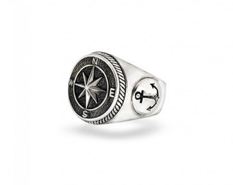 Silver Compass Rose Ring, Men's Ring, Nautical Ring, Compass Rose Jewelry, Sailor Ring, 925 Silver Compass Ring