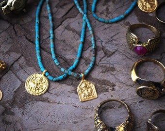 Ganesh Gold Pendant, Gold Medal, Spiritual Jewelry, Protection Necklace, Turquoise Necklace, Boho Necklace, Vintage Jewelry, Gift