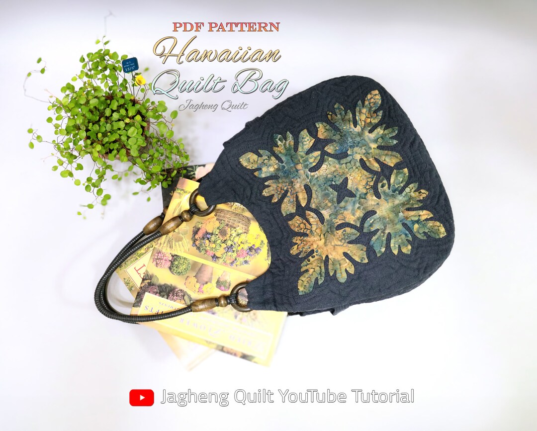 Hawaiian Quilt Pattern Tote Bag - Neutral Tan With 'Ulu & Plumeria Design, 16" Canvas Bag With Black Straps