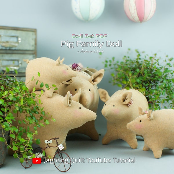 Pig Family Doll Set PDF : PDF pattern WITHOUT written instructions, See the video tutorial on YouTube