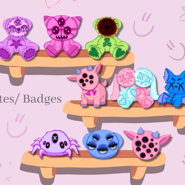 9 cute and creepy plush toys - emotes and badges | twitch emotes | twitch badges | emotes | sub badges | twitch | discord emotes |