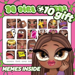 Brown Hair, Brown Eyes, Brown Skin Girl Emotes for Twitch & Discord | 70 + 10 Twitch emotes | Twitch girl emote | Brown hair girl emotes