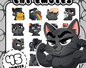 Pack de 45 émoticônes chat noir : émoticônes de chat de dessin animé kawaii pour Twitch, Discord et YouTube