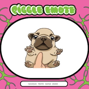 May include: A cartoon pug puppy illustration with paws raised, held by a hand. The image is set within an oval frame against a pink background with green, abstract designs. The text "Piggle Emote" is at the top.