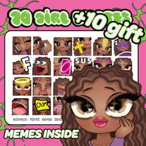 Curly brown Hair, Brown Eyes, Brown Skin Girl Emotes for Twitch & Discord | 70 + 10 Twitch emotes | Twitch girl emote | Brown hair girl