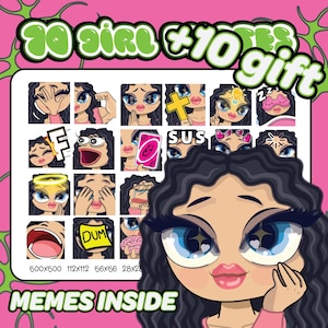 Curly Wavy Black Hair, Blue Eyes Girl Emotes for Twitch & Discord  | 70 + 10 Cute Streamer Emotes | Gaming Chat Emotes | Meme emotes |
