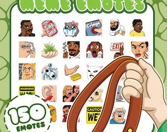 May include: A collection of 150 meme emoticons displayed on a green background. The emoticons feature various cartoon faces and symbols. A brown leather belt is held in the foreground.