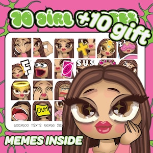 Brown Hair, Brown Eyes, latte skin Girl Emotes for Twitch & Discord  | 70+10 Cute Streamer Emotes | Gaming Chat Emotes | Meme emotes | kawai
