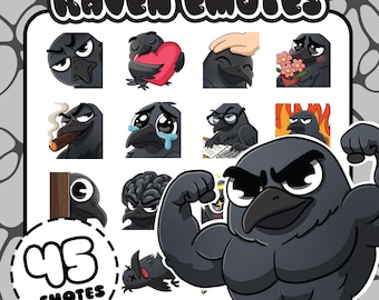 Paquete de 45 emoticonos de cuervo / Emoticonos de cuervo de dibujos animados adorables para Twitch, Discord y YouTube / Emoticonos de cuervo kawaii / Gran paquete de emoticonos / Emoticonos de pájaro negro