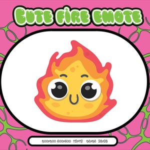Op de afbeelding: Een cartoon vuur-emoji met een geel lichaam en rode vlammen. Het vuur heeft een schattig gezicht met grote ogen, een glimlach en een kleine neus.