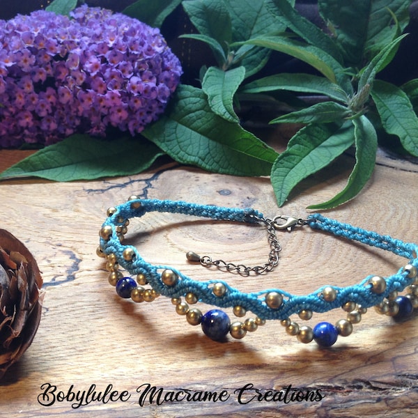 Chevillère "Maharani" en Macramé avec Pierres fines / sur mesure / Bracelet de cheville / Indian gypsy boho style / Jaspes, Lapis, Quartz...