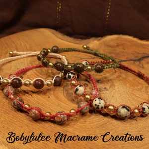 Macramé &quot;Crown&quot; Bracelet, Personalized Adjustable Waterproof Unique / Natural stones and colors of your choice: Tiger&#39;s Eye, Lapis...