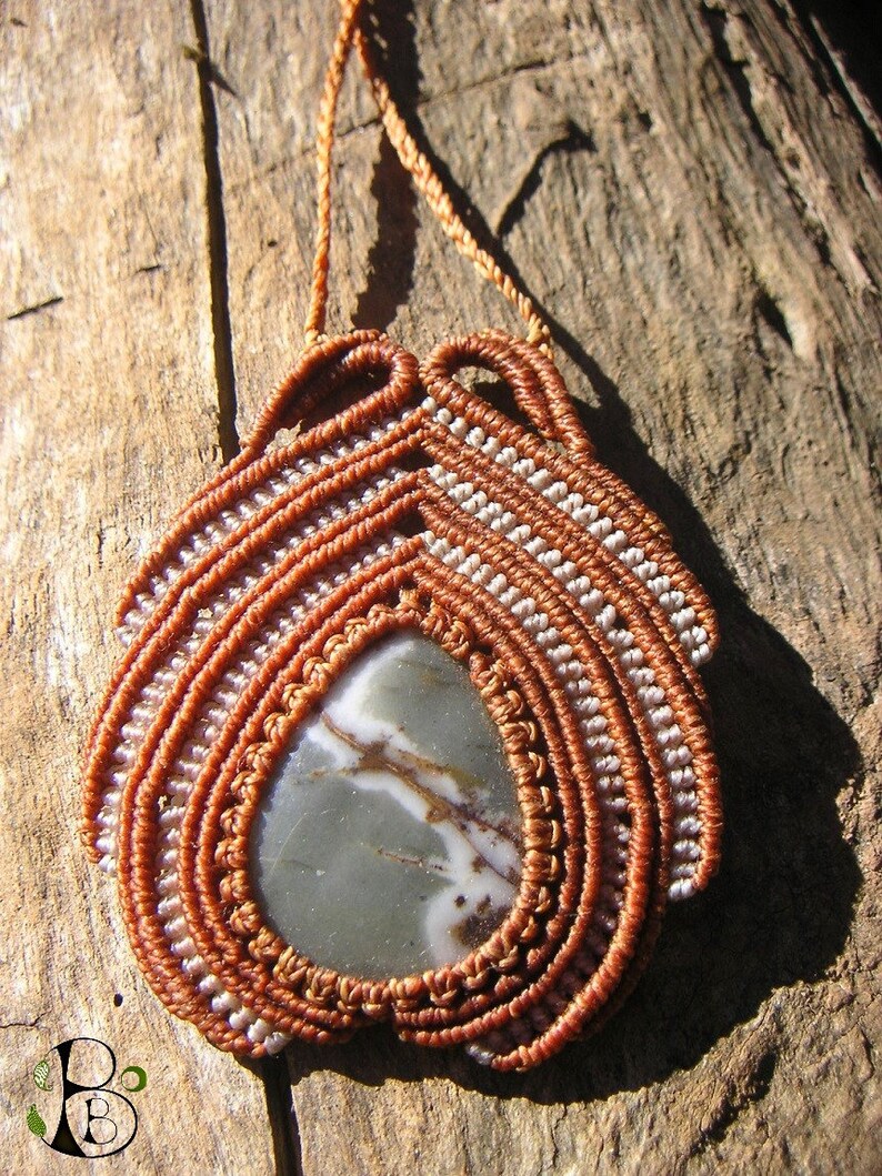 Collar with Jaspe chocolate in Macram\u00e9 Unique piece Adjustable Cabochon Goutte Craft made in France