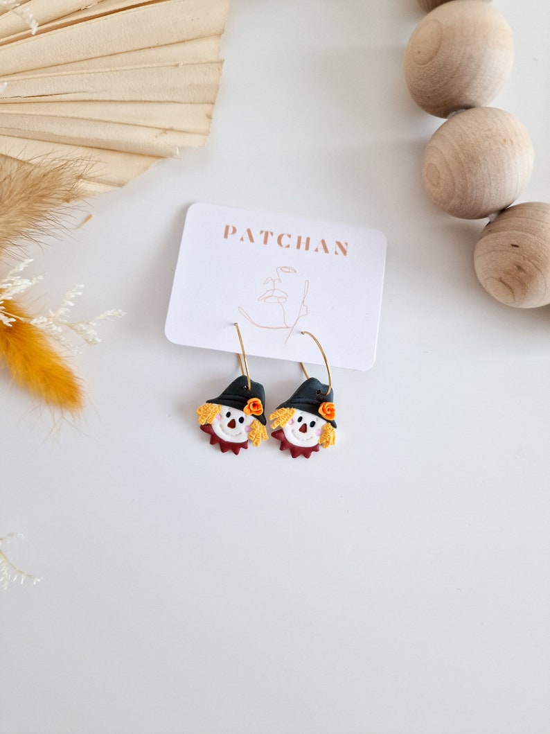 SCARECROW Polymer Clay Earrings Harvest and Autumn Lovers Accessories Back to School Jewellery Flower Lover Thanksgiving Jewelry image 6