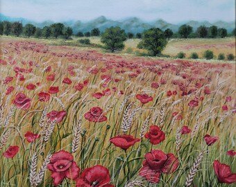 Original, Huile sur Toile avec Cadre, "Champ aux coquelicots"