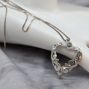 Sterling Silver Heart Pendant Filigree Art Deco Long Sterling Chain Vintage