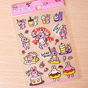 Süßer Aufkleber Blatt Abnehmbares Vinyl Niedlicher rosa Kaninchen-Aufkleber für Laptop-Telefon-Kasten-Aufkleber Lunchbox-Dessert-Abziehbild⎮Original kunstwerk
