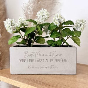 Può includere: Una fioriera rettangolare in cemento riempita di fiori bianchi e foglie verdi. La fioriera ha il testo inciso "Beste Mama & Oma, DEINE LIEBE LÄSST ALLES ERBLÜHEN, Kathrin, Julius & Marie."
