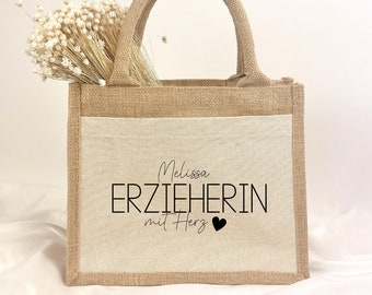 Personalisiertes Geschenk Erzieherin mit Herz | Jute Tasche | Geschenktasche | Dankeschön | Geschenkidee | Kindergarten | Abschied | Danke