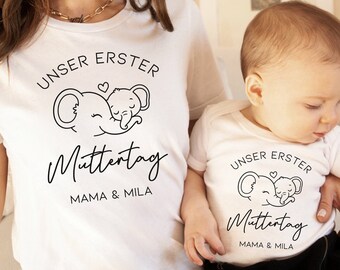 Set body e maglietta per bebè con elefante per la prima festa della mamma | Regalo personalizzato mamma | madre figlia figlio | Regalo per la festa della mamma | Vestito da bambino