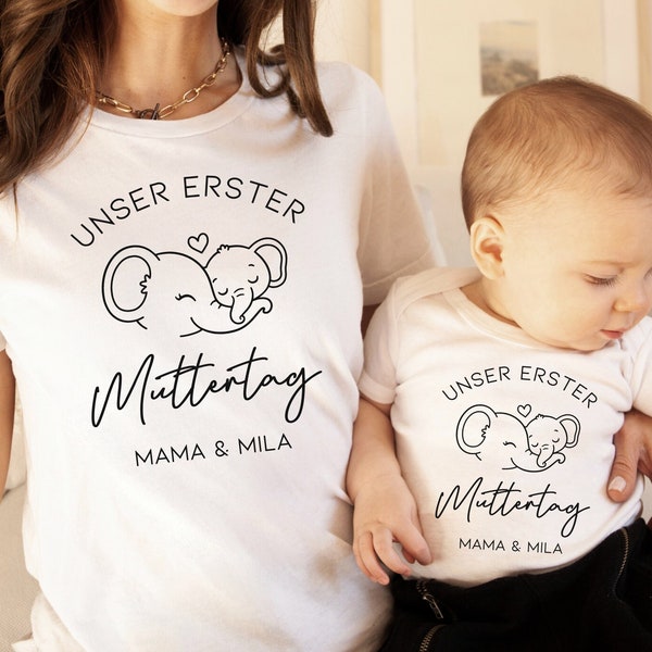 Erster Muttertag Elefant Baby Body und T-shirt Set | Personalisiertes Geschenk Mama | Mutter Tochter Sohn | Muttertagsgeschenk | Baby Outfit