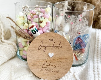 Personalisiertes Geschenk Jugendweihe | Geldgeschenk | Vorratsglas | Kleinigkeit Junge Mädchen | Verpackung | Keksdose | Holz graviert