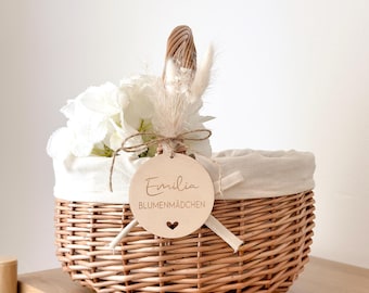 Blumenmädchen Körbchen personalisiert | Blumenkind Hochzeit Geschenk | Streukörbchen mit Gravur | Holzanhänger mit Name | Trauung Blumenkorb
