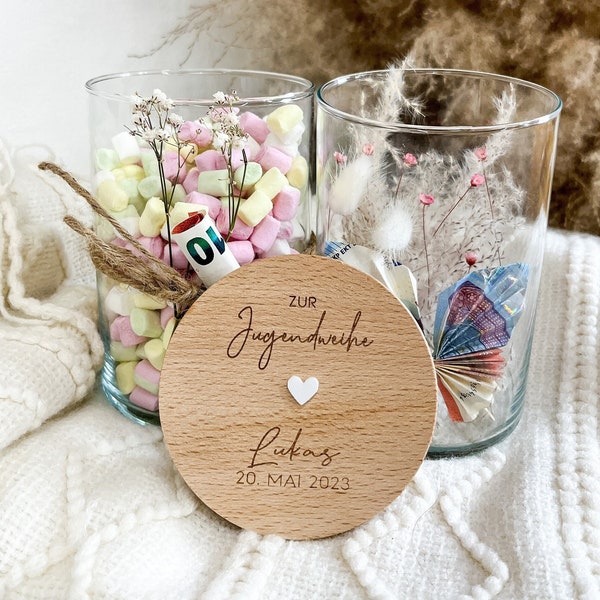 Personalisiertes Geschenk Jugendweihe | Geldgeschenk | Vorratsglas | Kleinigkeit Junge Mädchen | Verpackung | Keksdose | Holz graviert