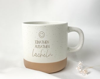Personalized ceramic mug with engraving: Inhale, Exhale, Smile | Girlfriend Motivation Gift Idea, Thoughtful Gift | Stoneware Coffee Tea Decor