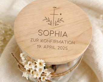 Personalisiertes Geschenkglas Kommunion, Taufe, Konfirmation & Firmung | Geldgeschenk für Kinder |  Mädchen Junge | Motive Fisch Taube Kreuz