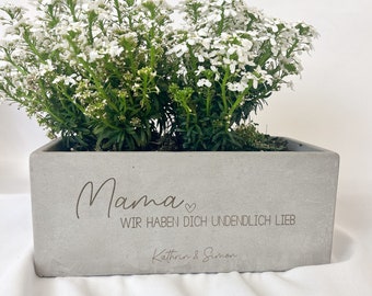 Personalisierter Blumentopf | Muttertagsgeschenk Mama + Gravur Namen | Betonoptik Keramik | Geschenkidee Geburtstag | Kleines Dankeschön