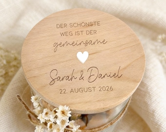 Gepersonaliseerd huwelijksgeschenk met namen | Bewaarpotje voor het bruidspaar op het gemeentehuis | Klein cadeau-idee (geld) | Tekst "Most Beautiful Way" (De mooiste weg)