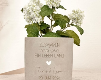 Regalo di nozze personalizzato: vaso di fiori | Nomi incisi, effetto cemento, ceramica | Piccola donazione in denaro per l'ufficio del registro | Crescere insieme