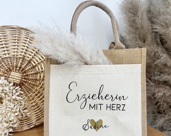 Gepersonaliseerde cadeau-opvoeder met hart | Jute tas | Cadeauzakje | Bedankt | Cadeau-idee | kleuterschool | Afscheid | Bedankt