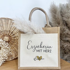 Personalisiertes Geschenk Erzieherin mit Herz Jute Tasche Geschenktasche Dankeschön Geschenkidee Kindergarten Abschied Danke Bild 1