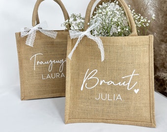 JGA Jute Tasche personalisiert | Braut | Trauzeugin | Brautjungfer | Geschenktasche Hochzeit Verlobung | Beutel | Party | Kollegin | Feier