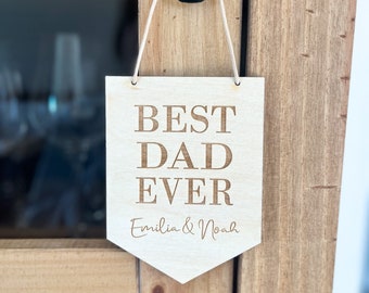 Vatertag Geschenk Personalisiert | Wimpel aus Holz | Bester Papa | Papa Sohn Tochter | Mit Namen | Geburtstagsgeschenk | Vatertagsgeschenk