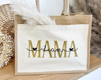 Personalisierter Jute/Baumwolle Shopper mit Wunschname für MAMA, Jute Tasche, Muttertag, Strandtasche, Geschenkidee, Geburtstag