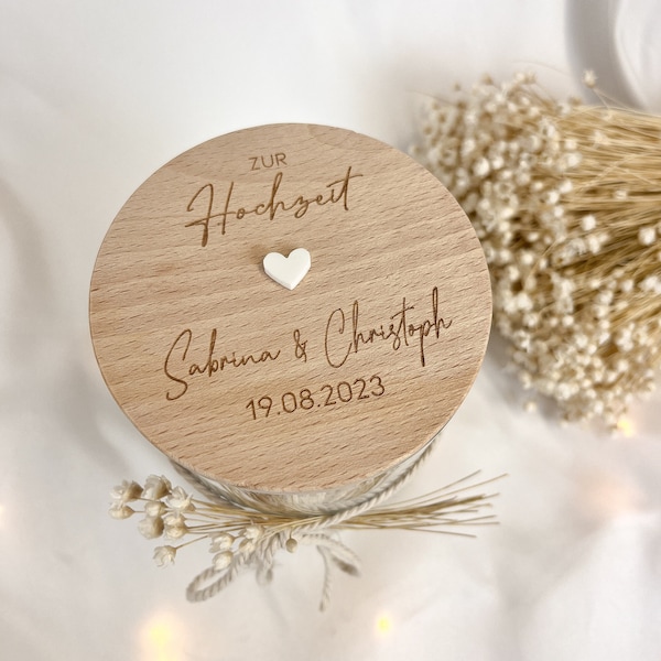 Personalisiertes Hochzeitsgeschenk | Geldgeschenk | Vorratsglas  | Kleinigkeit Brautpaar | Geschenkverpackung | Keksdose | Holz graviert