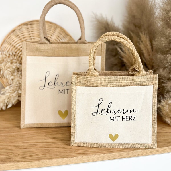 Geschenk Lehrerin mit Herz | Personalisiert mit Namen | Jute Tasche | Geschenktasche | Dankeschön | Geschenkidee | Grundschule | Abschied