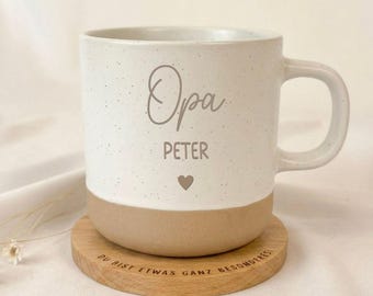 Personalized Father's Day Gift Idea | Christmas Gift for Dad, Grandpa, Great-Grandpa + Name | Birthday Coffee Tea Heart | Beige Stoneware Ceramic