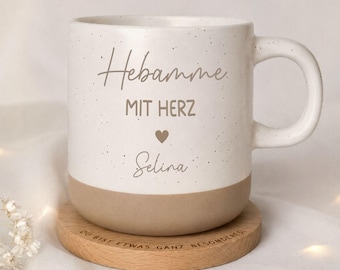 Personalisierte Tasse Hebamme mit Herz Geschenk | Geburt Kleines Dankeschön Baby | Abschiedsgeschenk | Steingut Optik | Kaffee Tee | Gravur