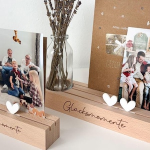 Individuele kaartenstandaard cadeau-idee verjaardag | met gravure geluksmomenten | Fotobalk Kerst vriendin mama | Bloemenkaars houten decoratie